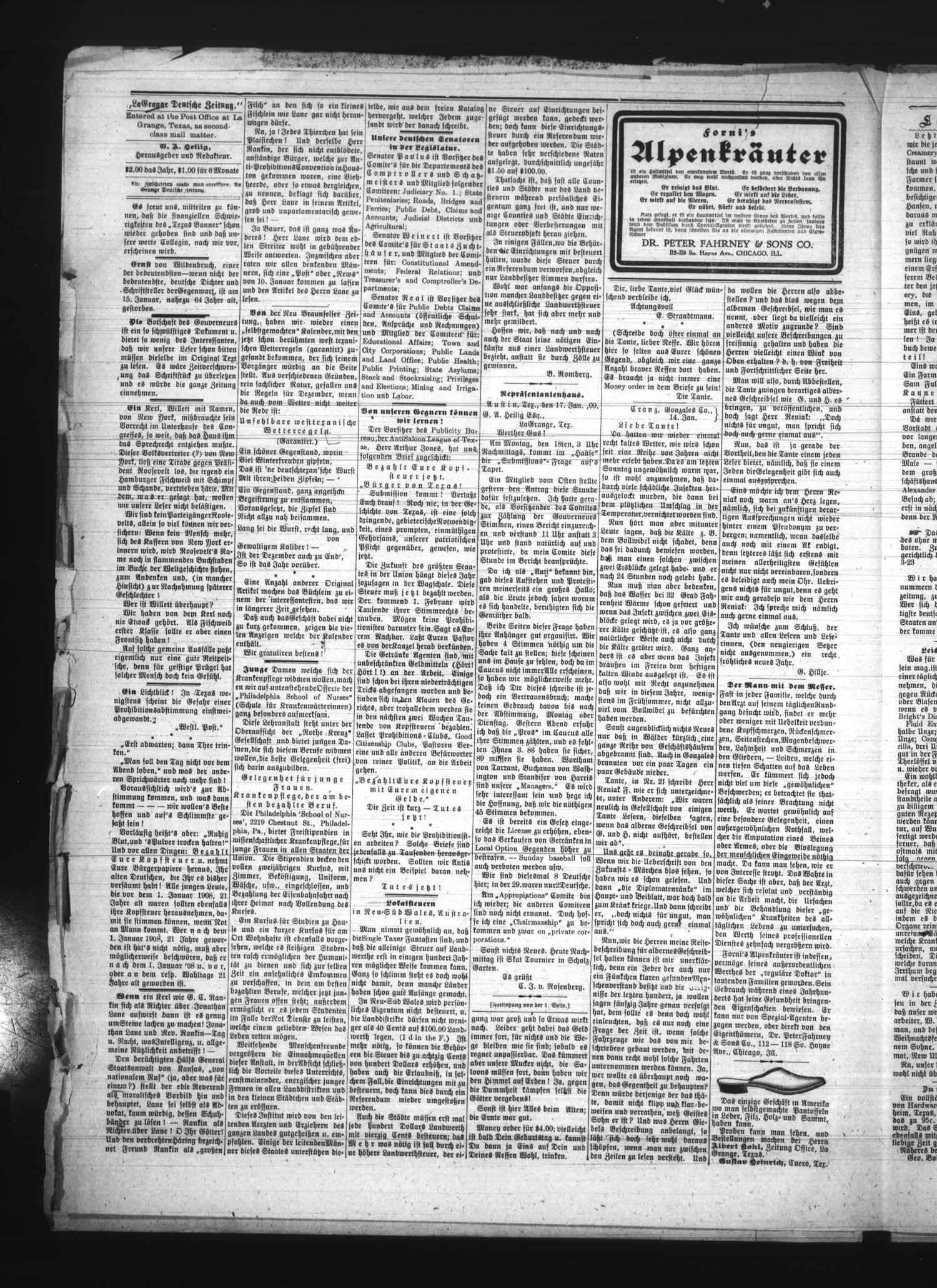 La Grange Deutsche Zeitung. (La Grange, Tex.), Vol. 19, No. 23, Ed. 1 Thursday, January 21, 1909
                                                
                                                    [Sequence #]: 4 of 8
                                                