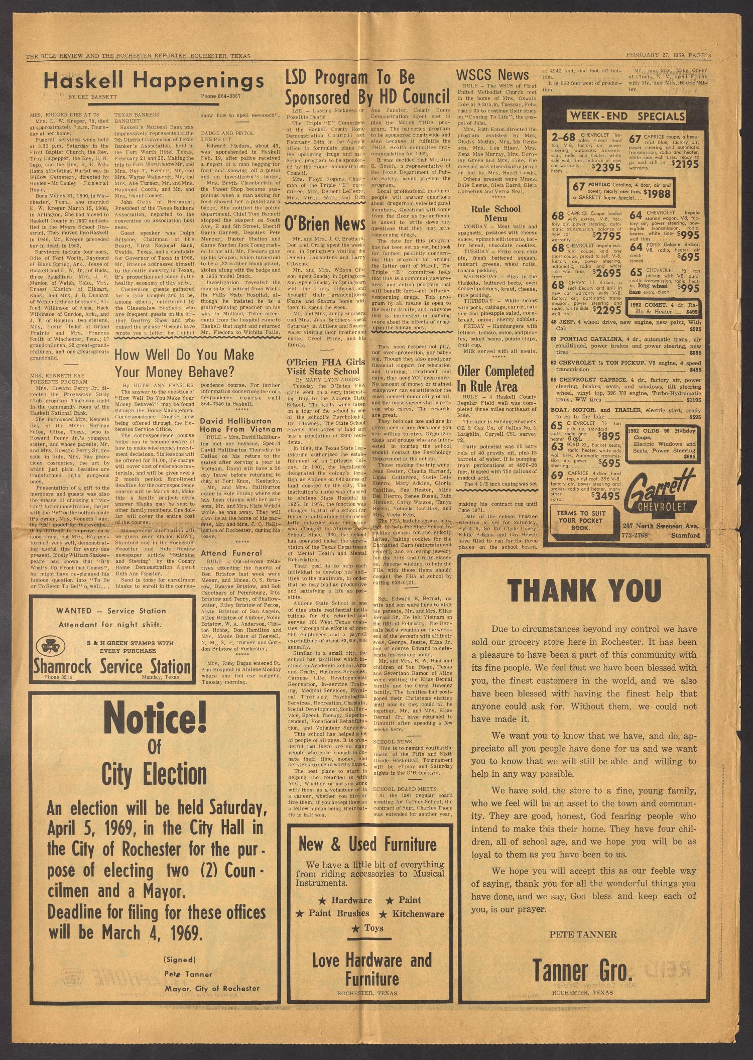 The Rule Review and the Rochester Reporter (Rochester, Tex.), Vol. 47, No. 47, Ed. 1 Thursday, February 27, 1969
                                                
                                                    [Sequence #]: 3 of 8
                                                