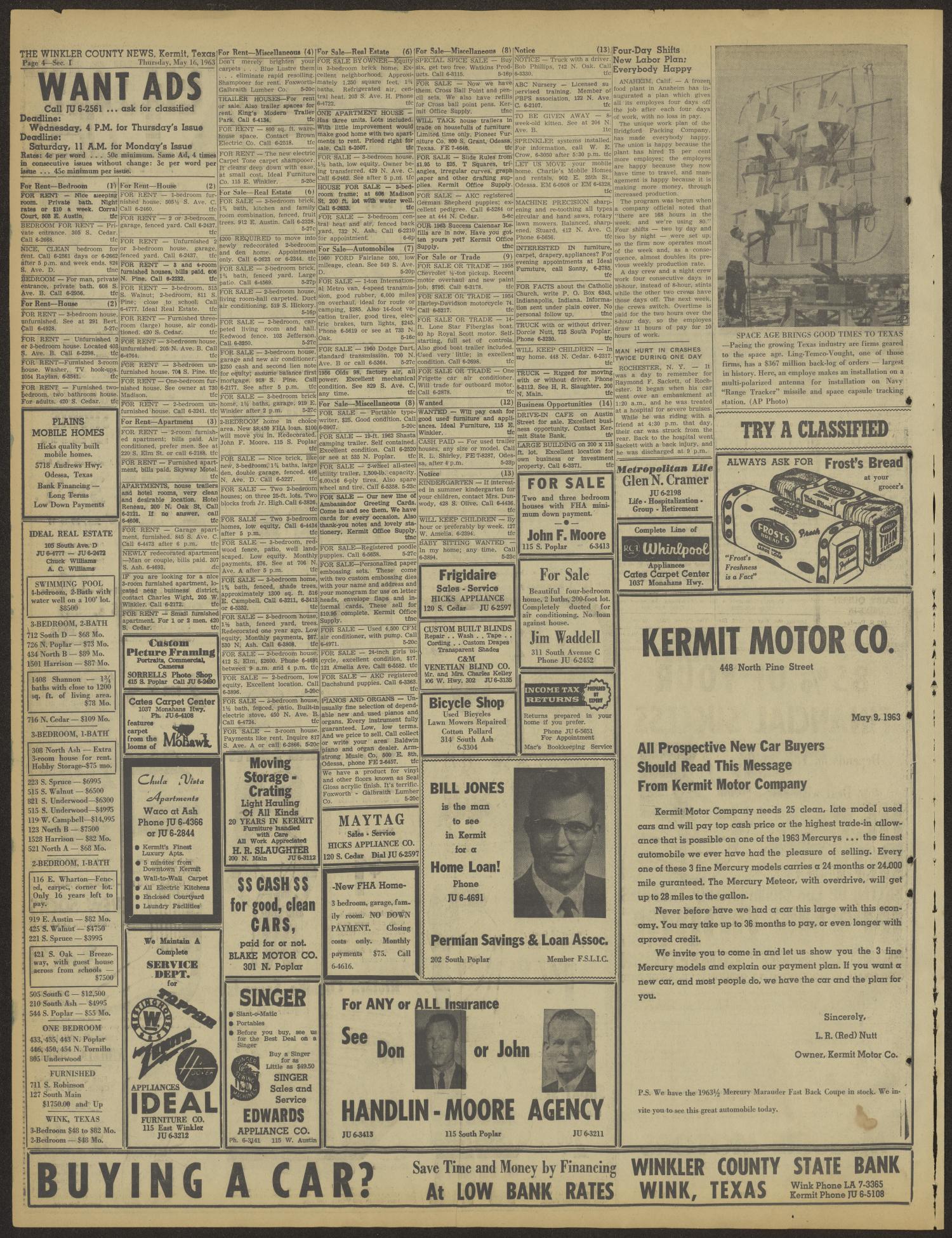 The Winkler County News (Kermit, Tex.), Vol. 28, No. 3, Ed. 1 Thursday, May 16, 1963
                                                
                                                    [Sequence #]: 4 of 26
                                                