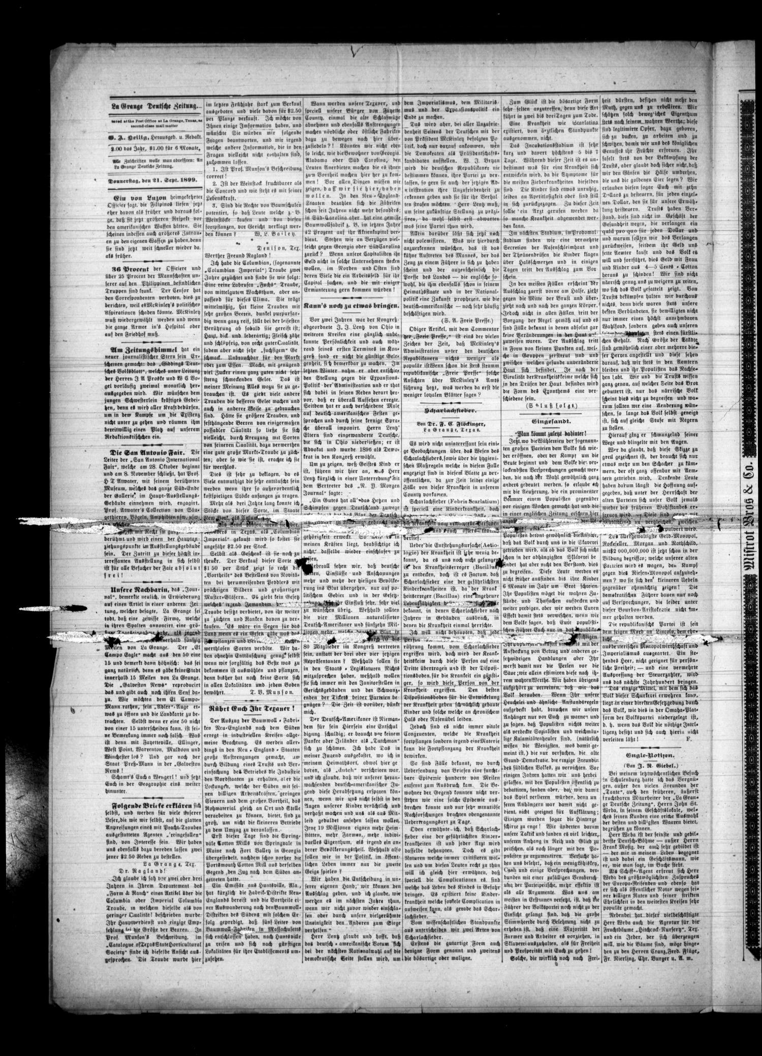 La Grange Deutsche Zeitung. (La Grange, Tex.), Vol. 10, No. 5, Ed. 1 Thursday, September 21, 1899
                                                
                                                    [Sequence #]: 4 of 12
                                                