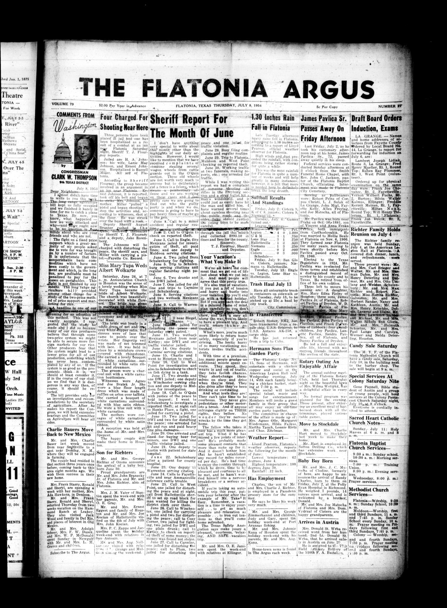 The Flatonia Argus (Flatonia, Tex.), Vol. 79, No. 27, Ed. 1 Thursday, July 8, 1954
                                                
                                                    [Sequence #]: 1 of 6
                                                