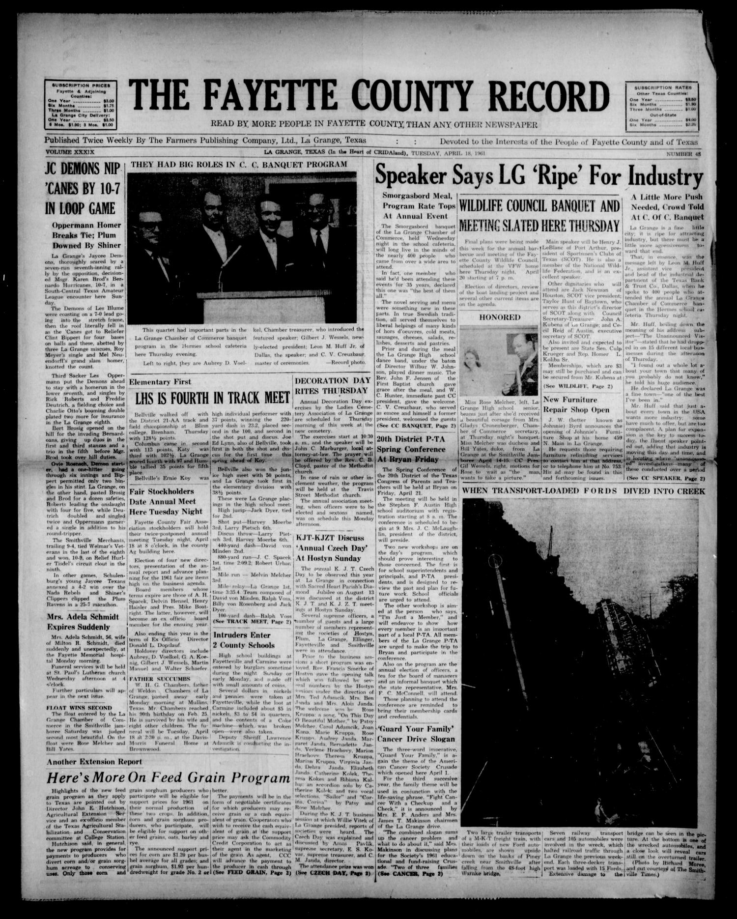 The Fayette County Record (La Grange, Tex.), Vol. 39, No. 48, Ed. 1 Tuesday, April 18, 1961
                                                
                                                    [Sequence #]: 1 of 6
                                                