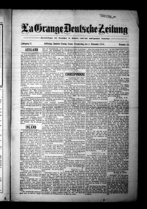 Primary view of object titled 'La Grange Deutsche Zeitung (La Grange, Tex.), Vol. 31, No. 12, Ed. 1 Thursday, November 4, 1920'.