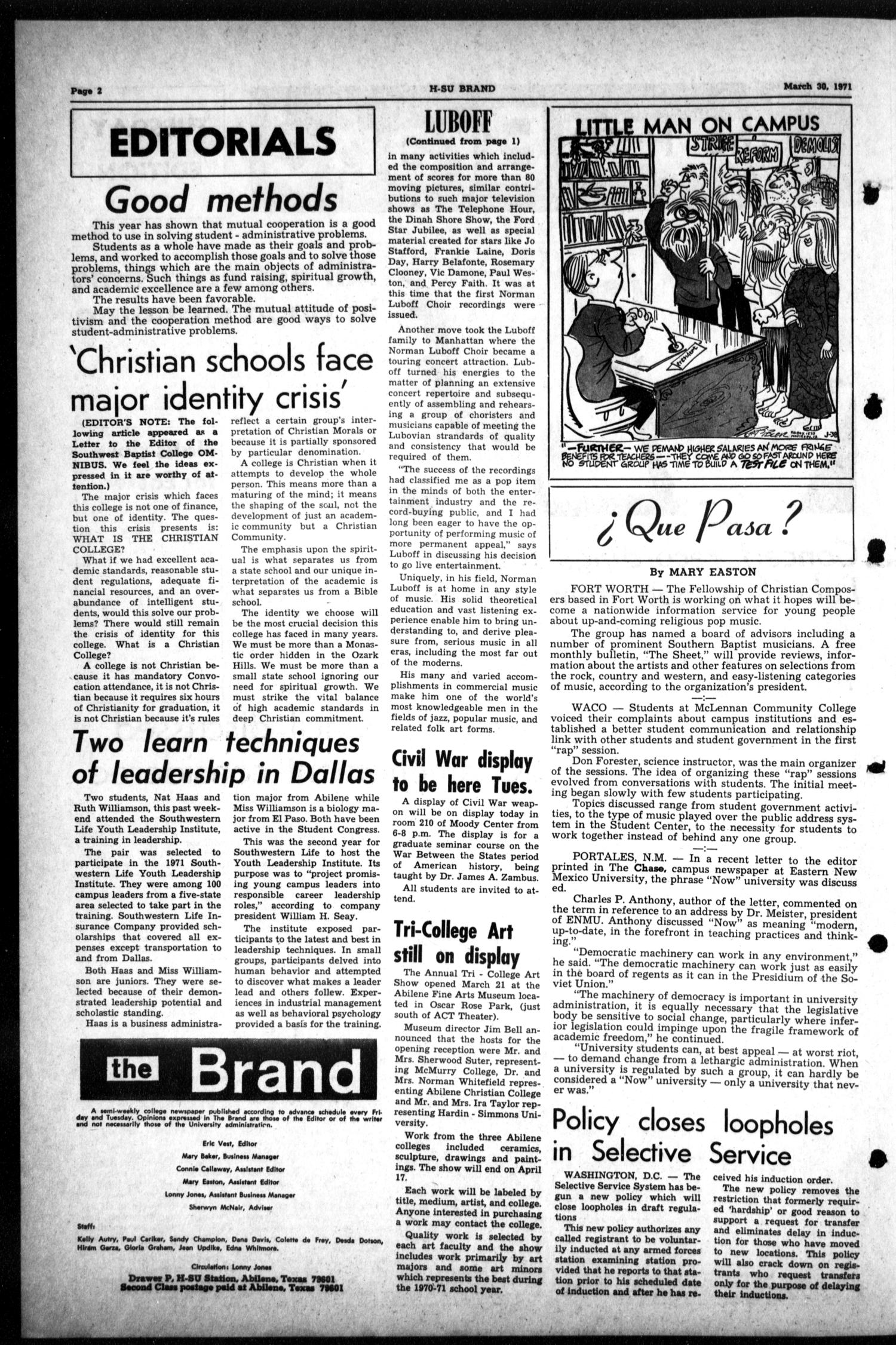 The H-SU Brand (Abilene, Tex.), Vol. 56, No. 48, Ed. 1, Tuesday, March 30, 1971
                                                
                                                    [Sequence #]: 2 of 4
                                                