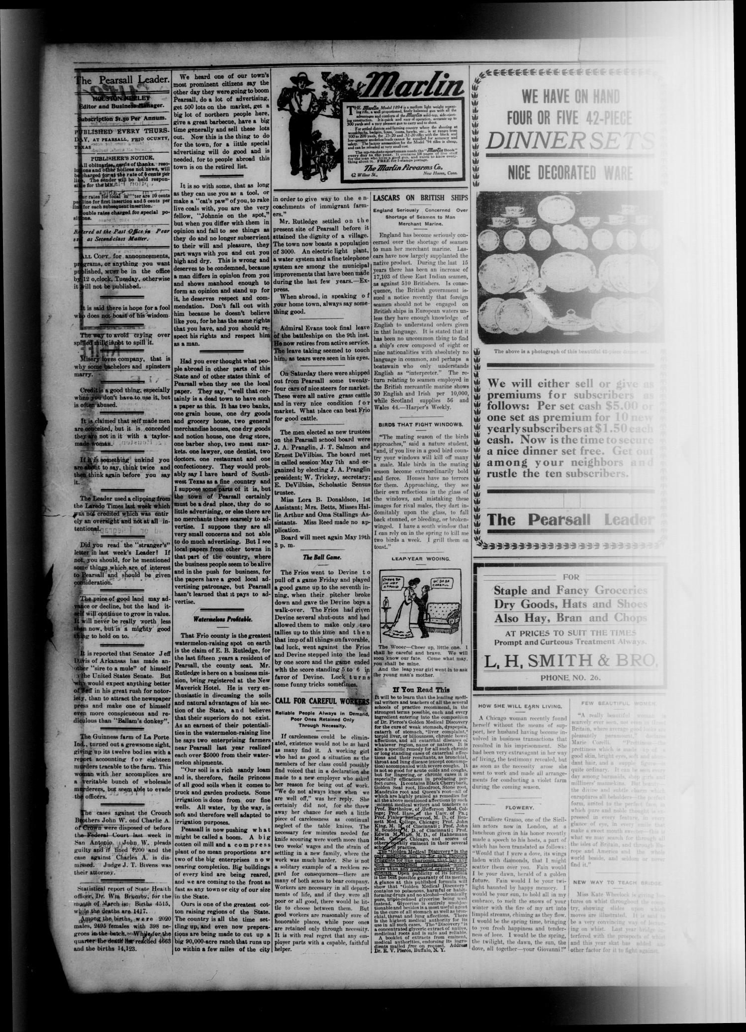 The Pearsall Leader. (Pearsall, Tex.), Vol. 14, No. 7, Ed. 1 Thursday, May 14, 1908
                                                
                                                    [Sequence #]: 4 of 8
                                                