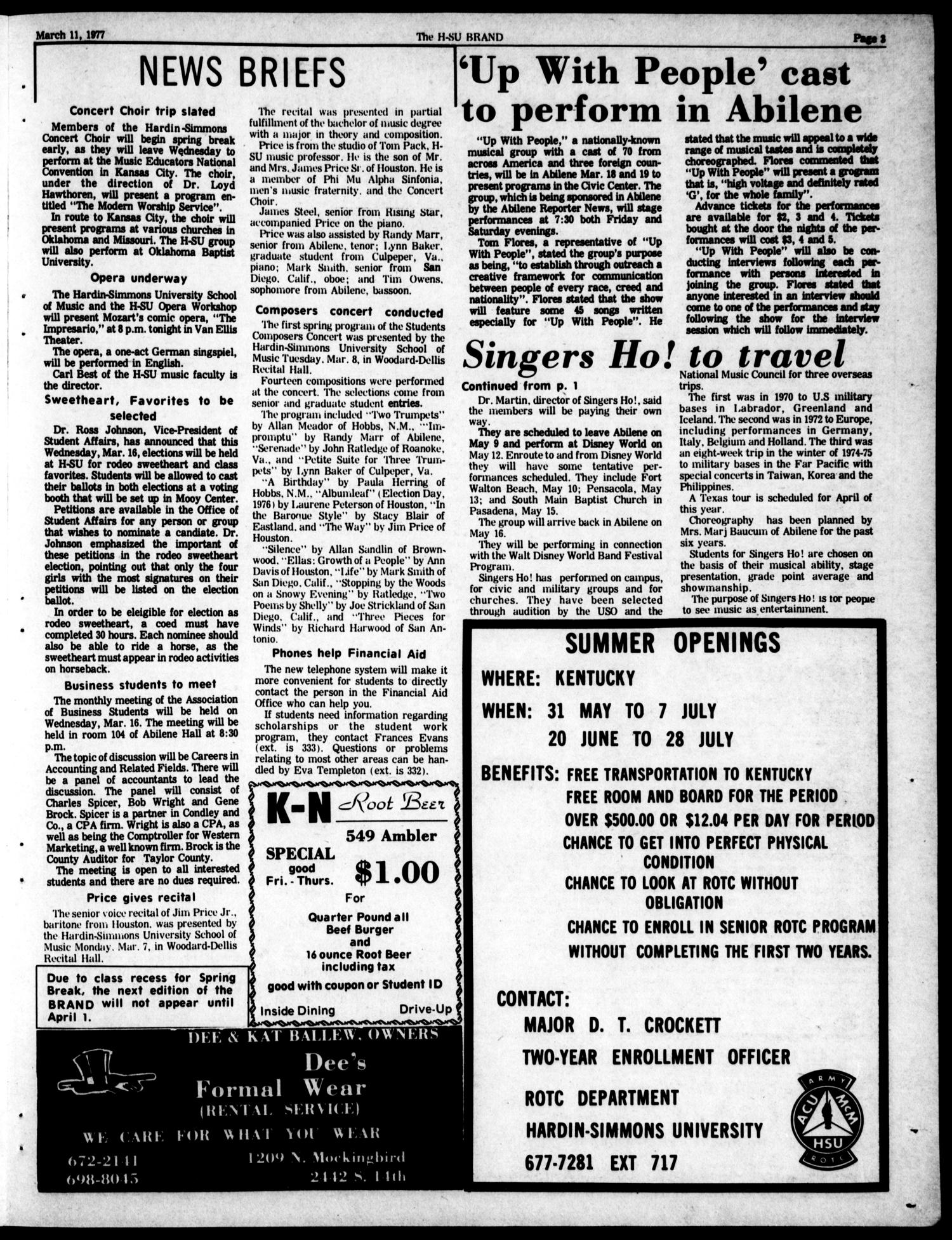 The H-SU Brand (Abilene, Tex.), Vol. 64, No. 23, Ed. 1, Friday, March 11, 1977
                                                
                                                    [Sequence #]: 3 of 4
                                                