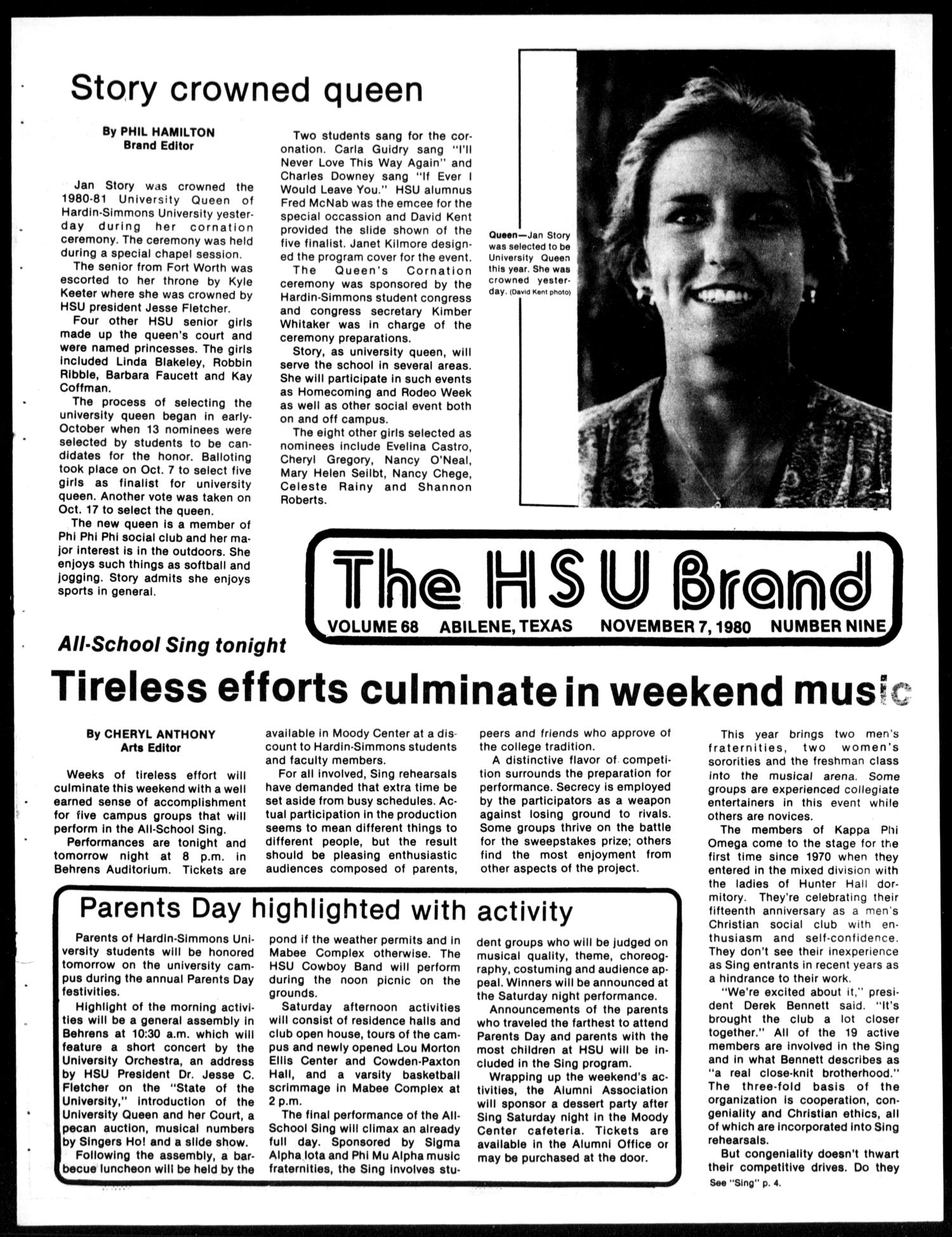 The HSU Brand (Abilene, Tex.), Vol. 68, No. 9, Ed. 1, Friday, November 7, 1980
                                                
                                                    [Sequence #]: 1 of 11
                                                