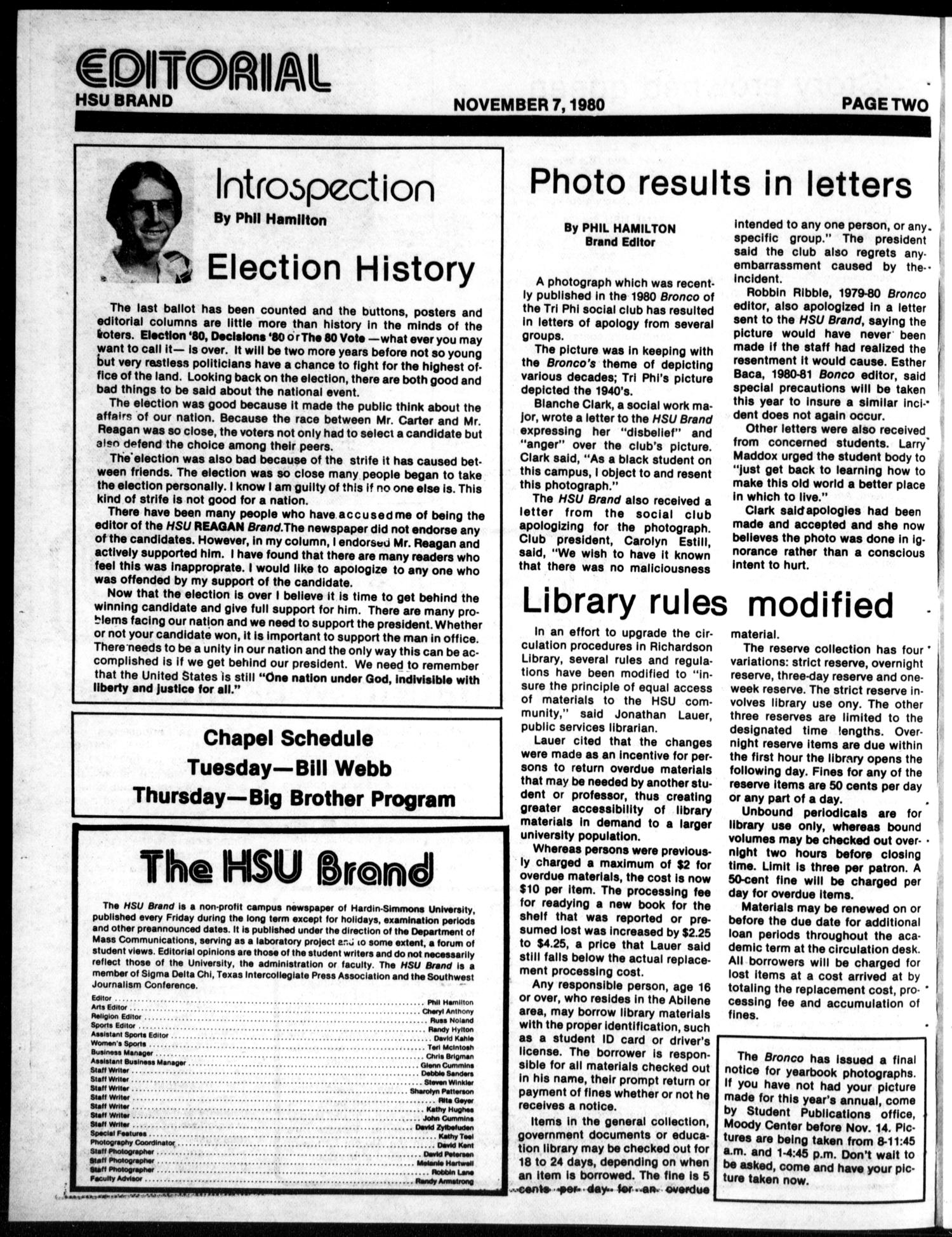 The HSU Brand (Abilene, Tex.), Vol. 68, No. 9, Ed. 1, Friday, November 7, 1980
                                                
                                                    [Sequence #]: 2 of 11
                                                