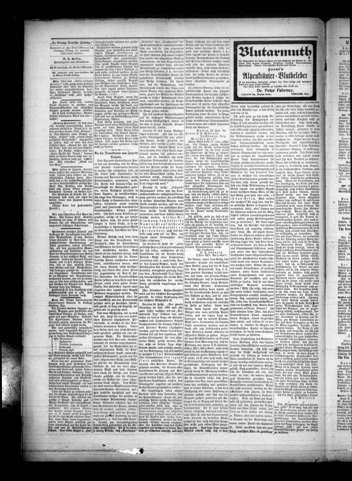 La Grange Deutsche Zeitung. (La Grange, Tex.), Vol. 14, No. 29, Ed. 1 Thursday, March 3, 1904
                                                
                                                    [Sequence #]: 8 of 12
                                                