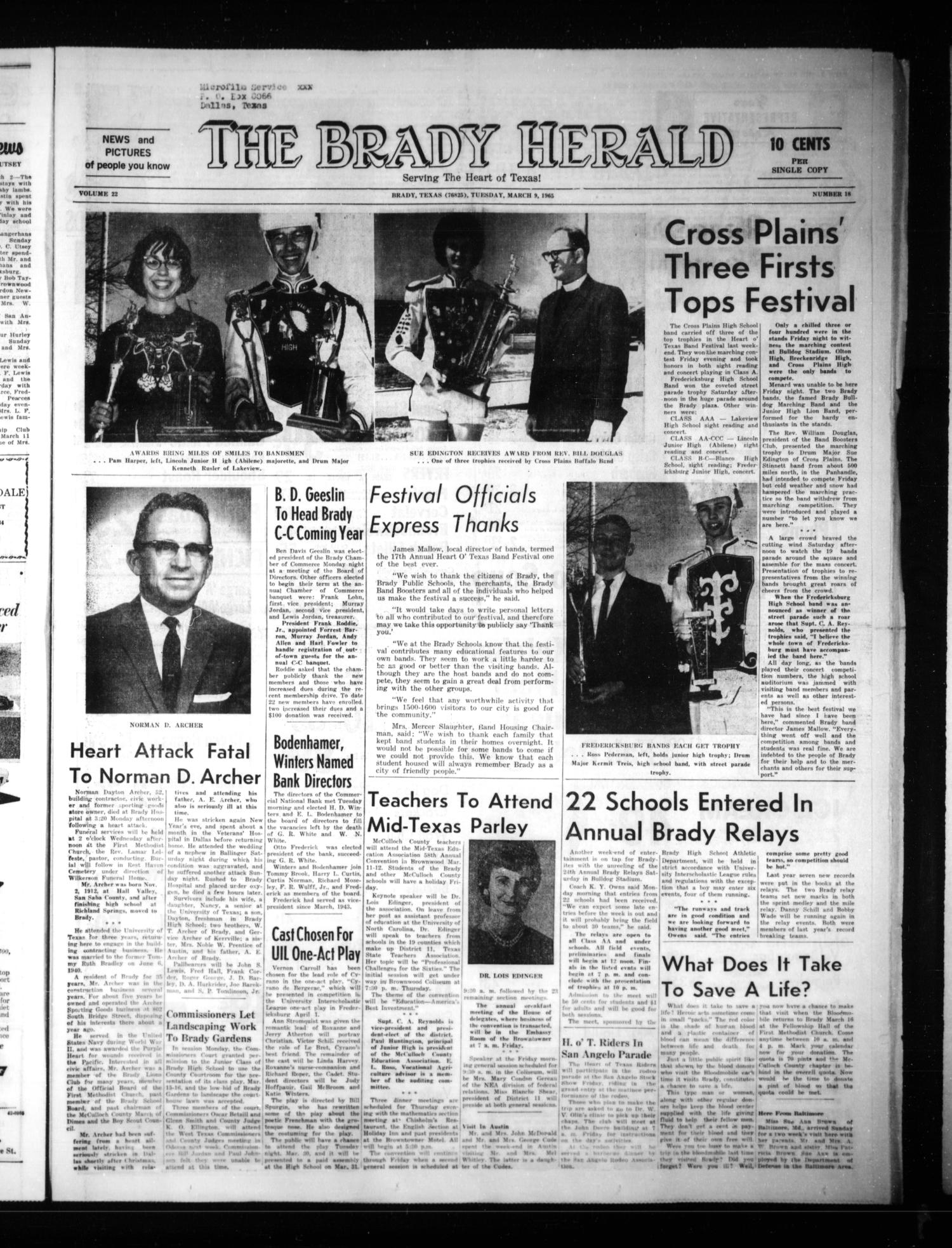 The Brady Herald (Brady, Tex.), Vol. 22, No. 18, Ed. 1 Tuesday, March 9, 1965
                                                
                                                    [Sequence #]: 1 of 6
                                                