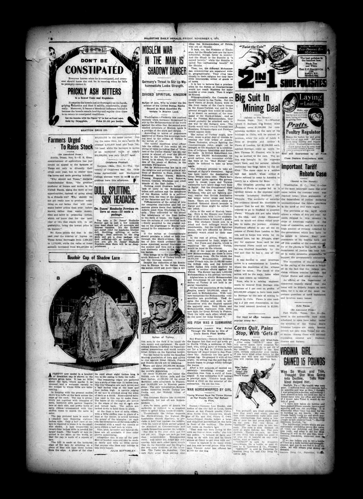 Palestine Daily Herald (Palestine, Tex), Vol. 13, No. 53, Ed. 1 Friday, November 6, 1914
                                                
                                                    [Sequence #]: 2 of 8
                                                