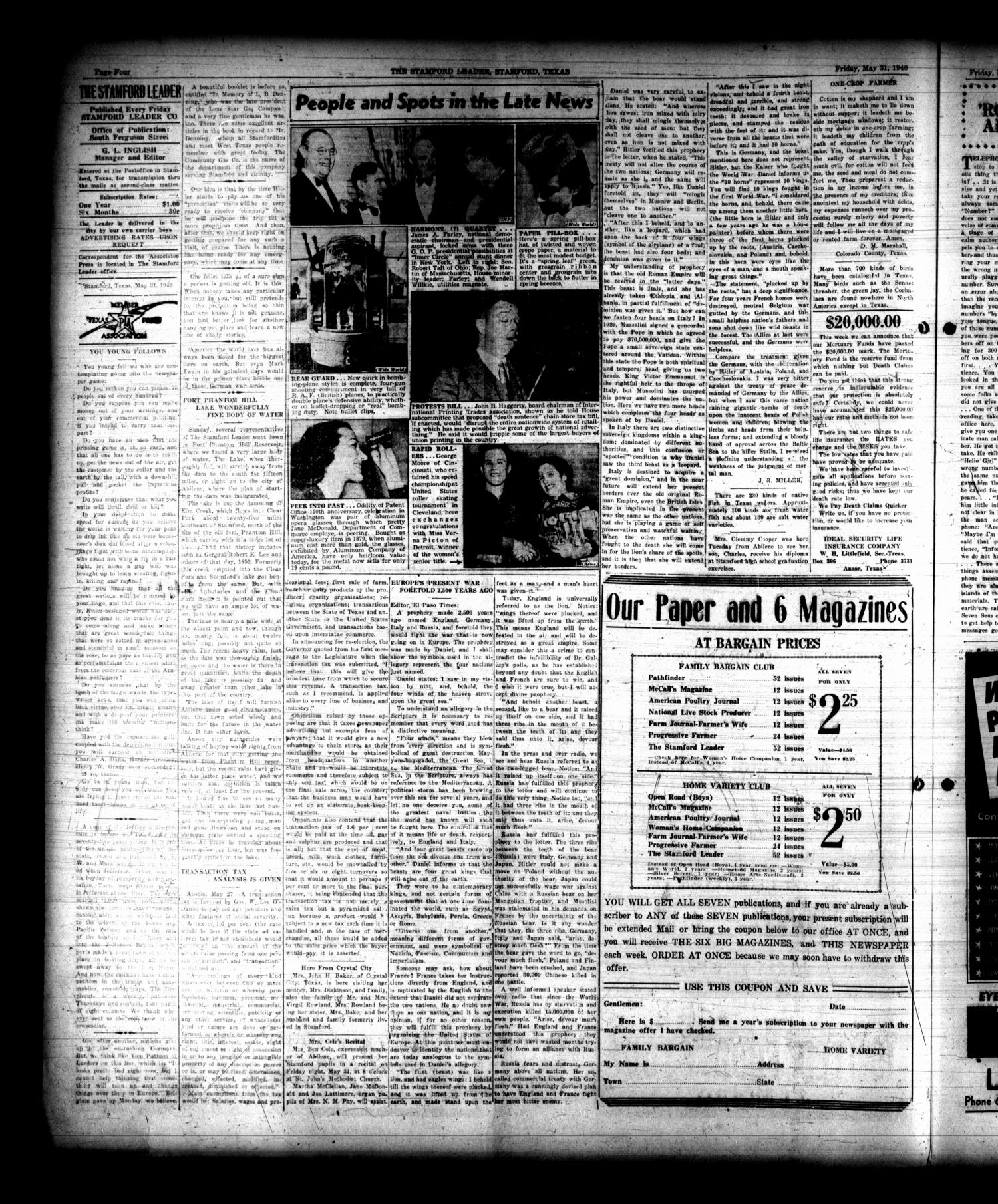 The Stamford Leader (Stamford, Tex.), Vol. 40, No. [35], Ed. 1 Friday, May 31, 1940
                                                
                                                    [Sequence #]: 4 of 8
                                                