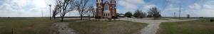 Panoramic image of the front of St John Lutheran Church in Bartlett, Texas.