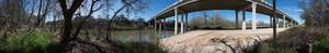 Panoramic image of the bridge over the Colorado River in Smithville, Texas
