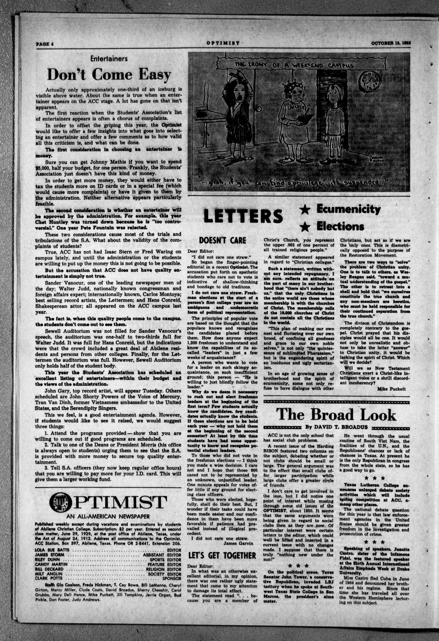 The Optimist (Abilene, Tex.), Vol. 53, No. 7, Ed. 1, Friday, October 15, 1965
                                                
                                                    [Sequence #]: 4 of 8
                                                