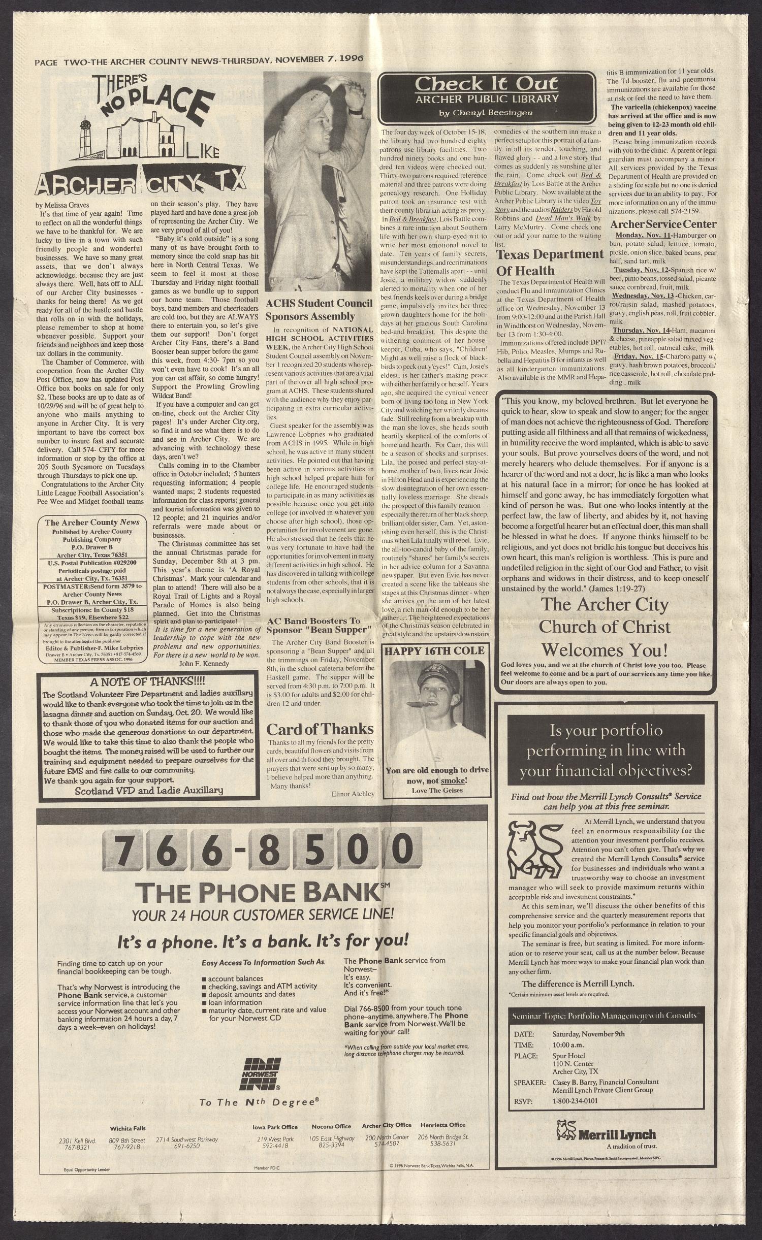Archer County News (Archer City, Tex.), No. 45, Ed. 1 Thursday, November 7, 1996
                                                
                                                    [Sequence #]: 2 of 8
                                                