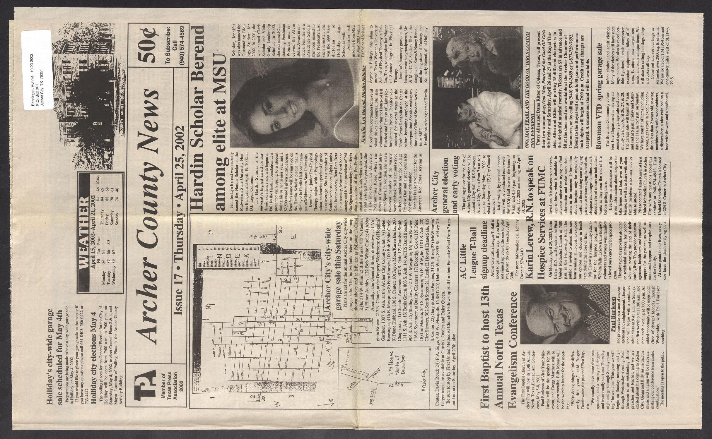 Archer County News (Archer City, Tex.), No. 17, Ed. 1 Thursday, April 25, 2002
                                                
                                                    [Sequence #]: 1 of 10
                                                