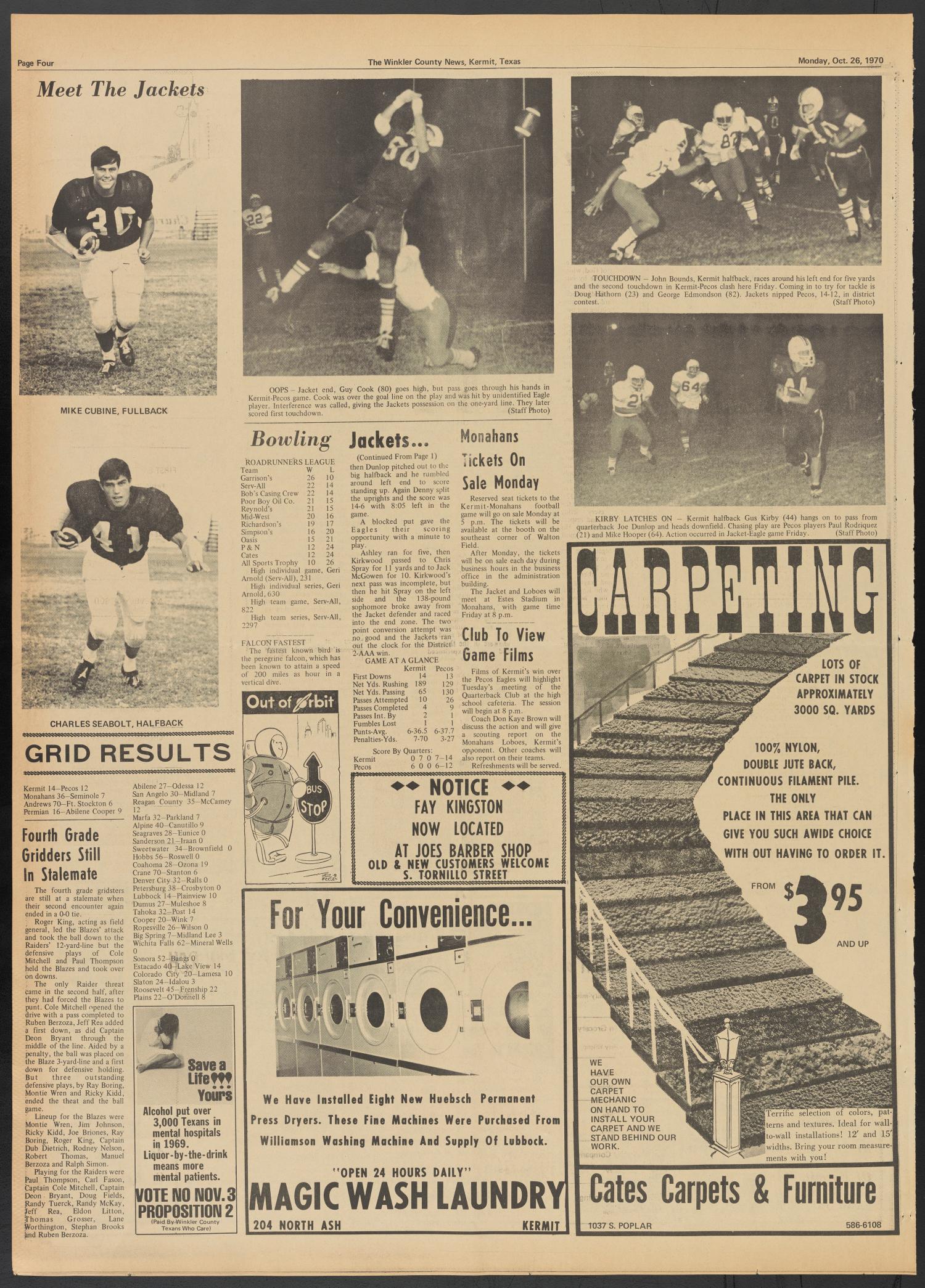 The Winkler County News (Kermit, Tex.), Vol. 34, No. 62, Ed. 1 Monday, October 26, 1970
                                                
                                                    [Sequence #]: 4 of 8
                                                