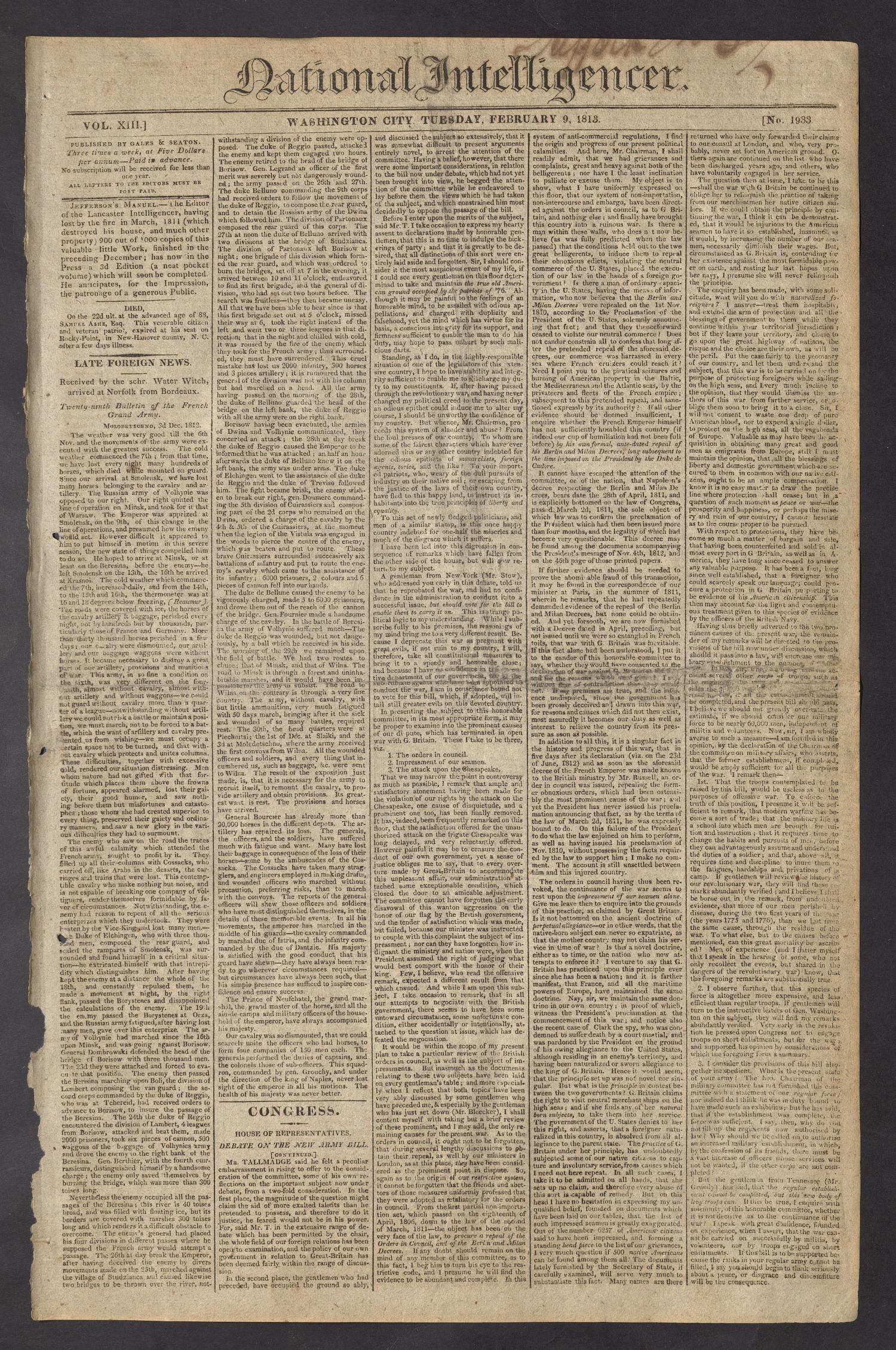 National Intelligencer. (Washington City [D.C.]), Vol. 13, No. 1933, Ed. 1 Tuesday, February 9, 1813
                                                
                                                    [Sequence #]: 1 of 4
                                                