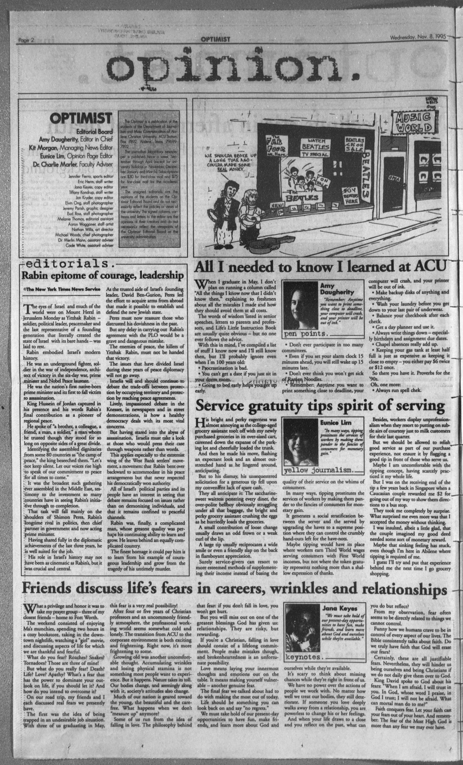 The Optimist (Abilene, Tex.), Vol. 84, No. 22, Ed. 1, Wednesday, November 8, 1995
                                                
                                                    [Sequence #]: 2 of 6
                                                