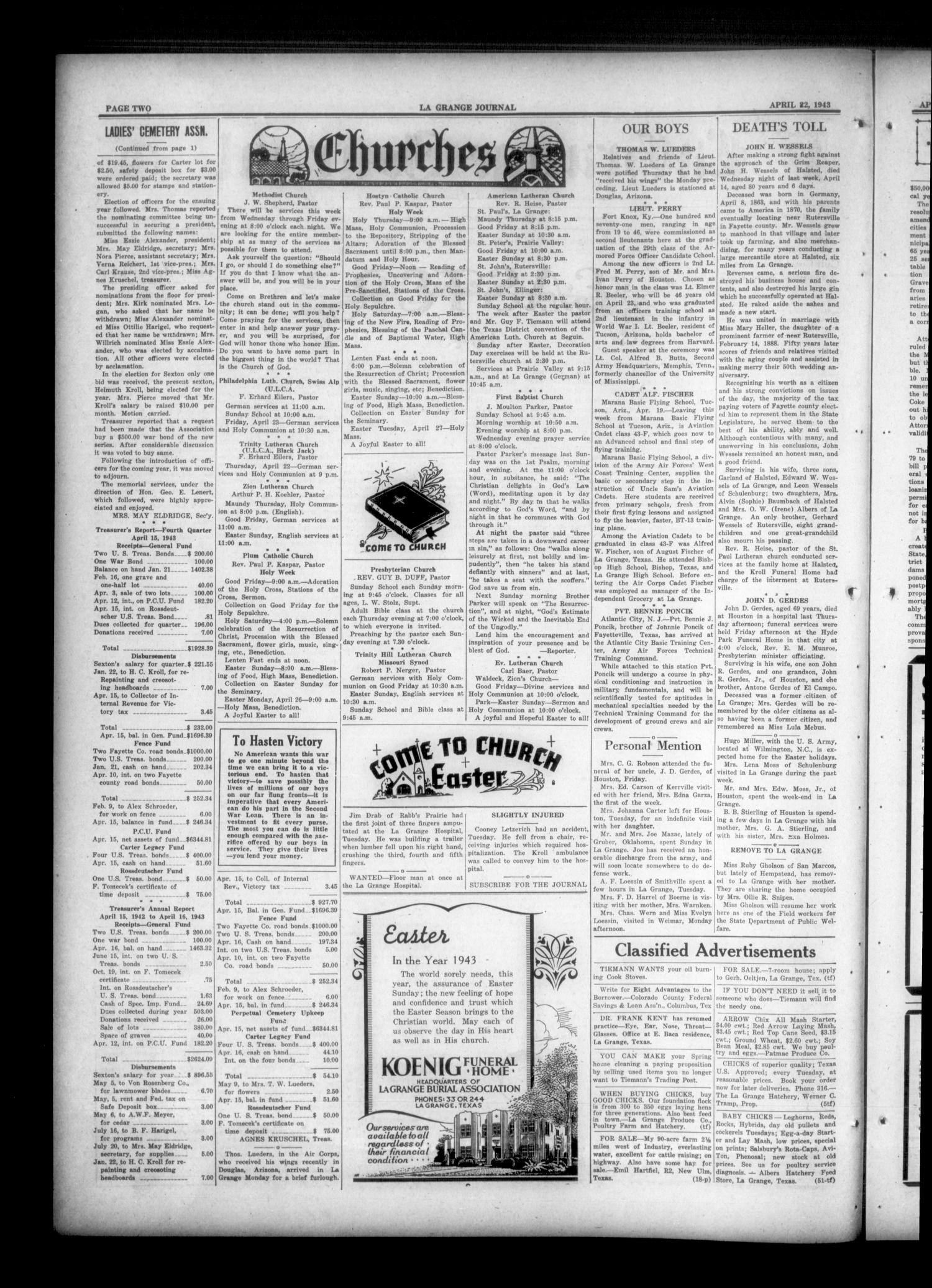 La Grange Journal (La Grange, Tex.), Vol. 64, No. 16, Ed. 1 Thursday, April 22, 1943
                                                
                                                    [Sequence #]: 2 of 8
                                                