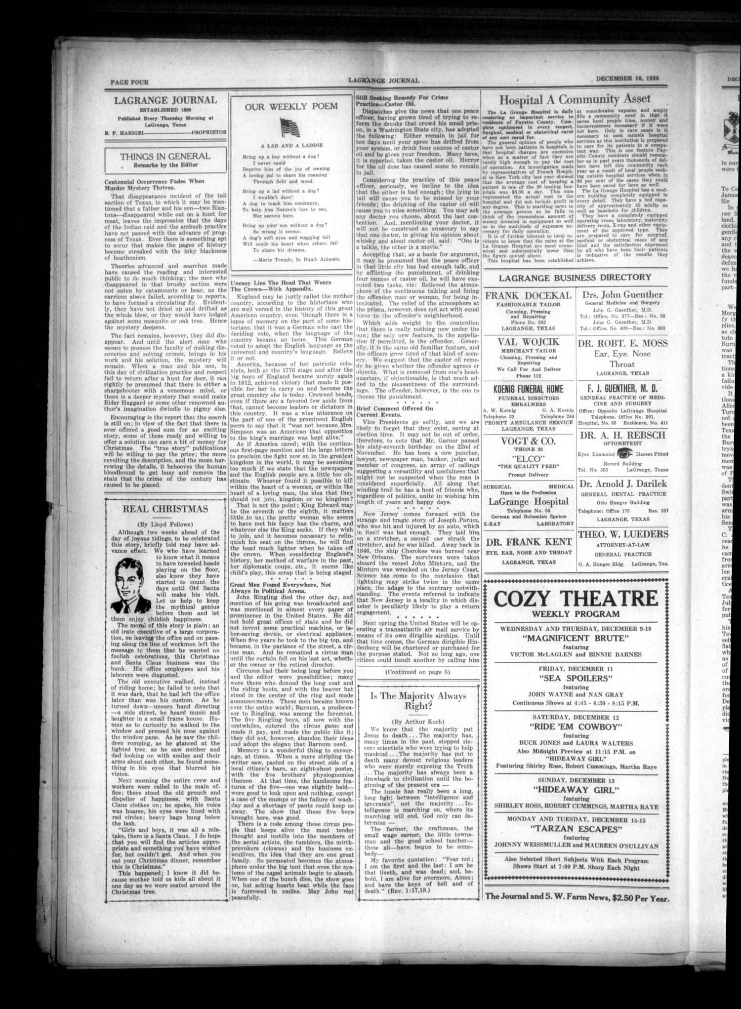 La Grange Journal (La Grange, Tex.), Vol. 57, No. 50, Ed. 1 Thursday, December 10, 1936
                                                
                                                    [Sequence #]: 4 of 8
                                                