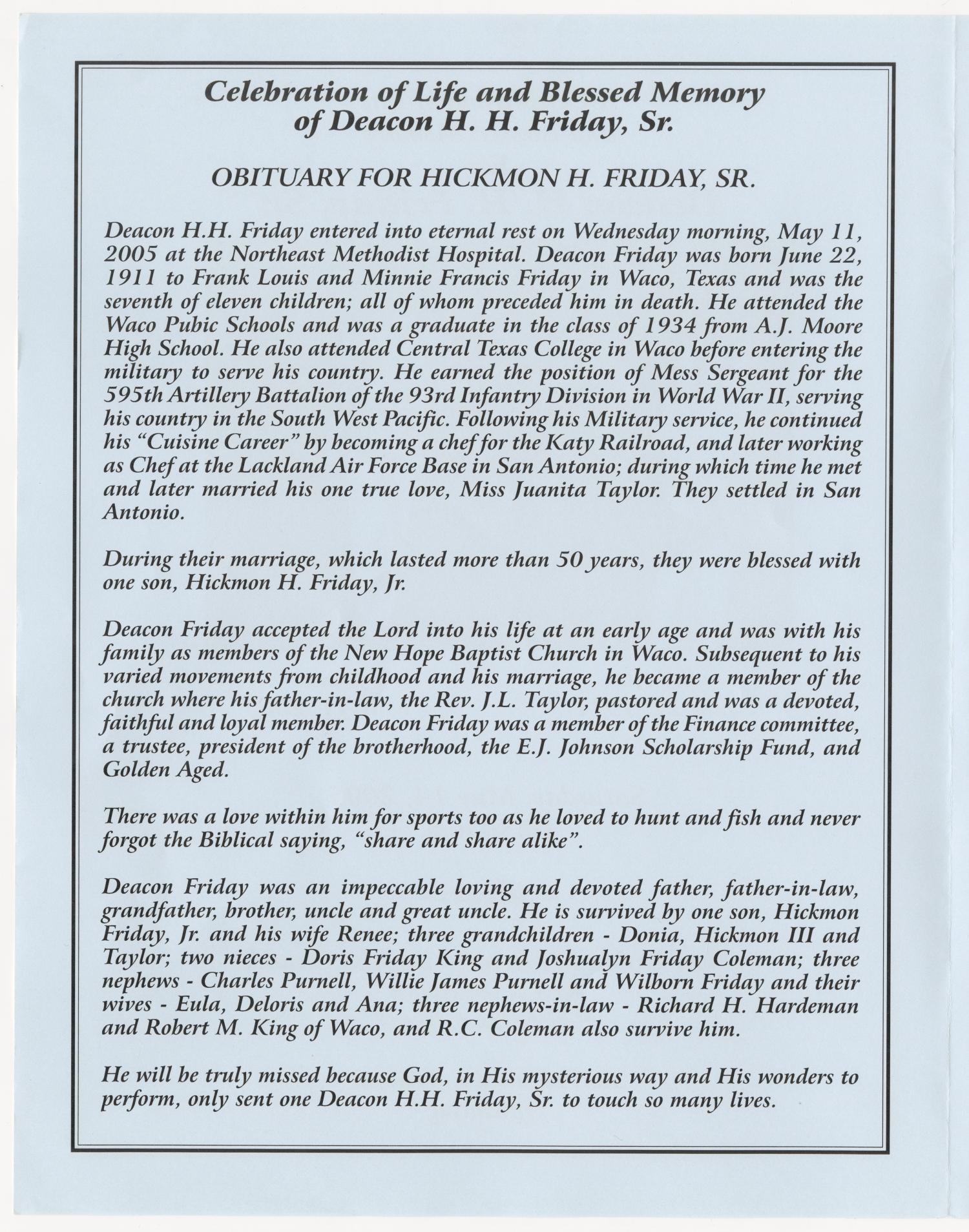[Funeral Program for Deacon H. H. Friday, Sr., May 14, 2005] Page 2